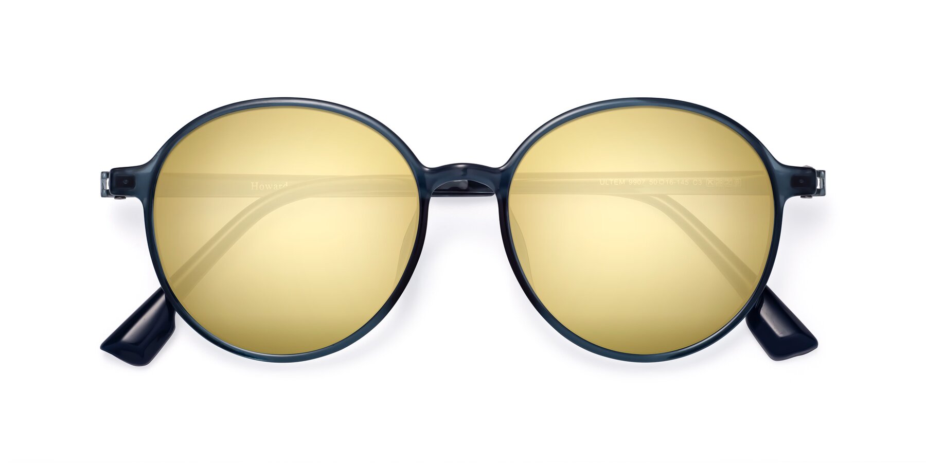 Folded Front of Howard in Deep Sky Blue with Gold Mirrored Lenses