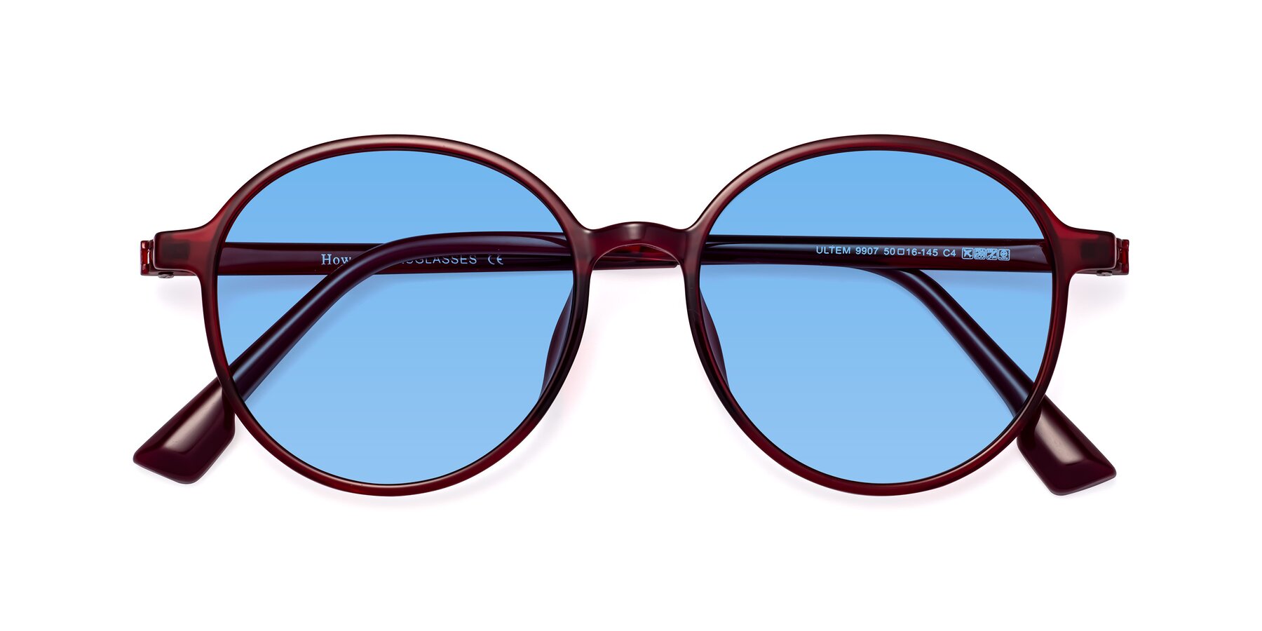 Folded Front of Howard in Wine with Medium Blue Tinted Lenses