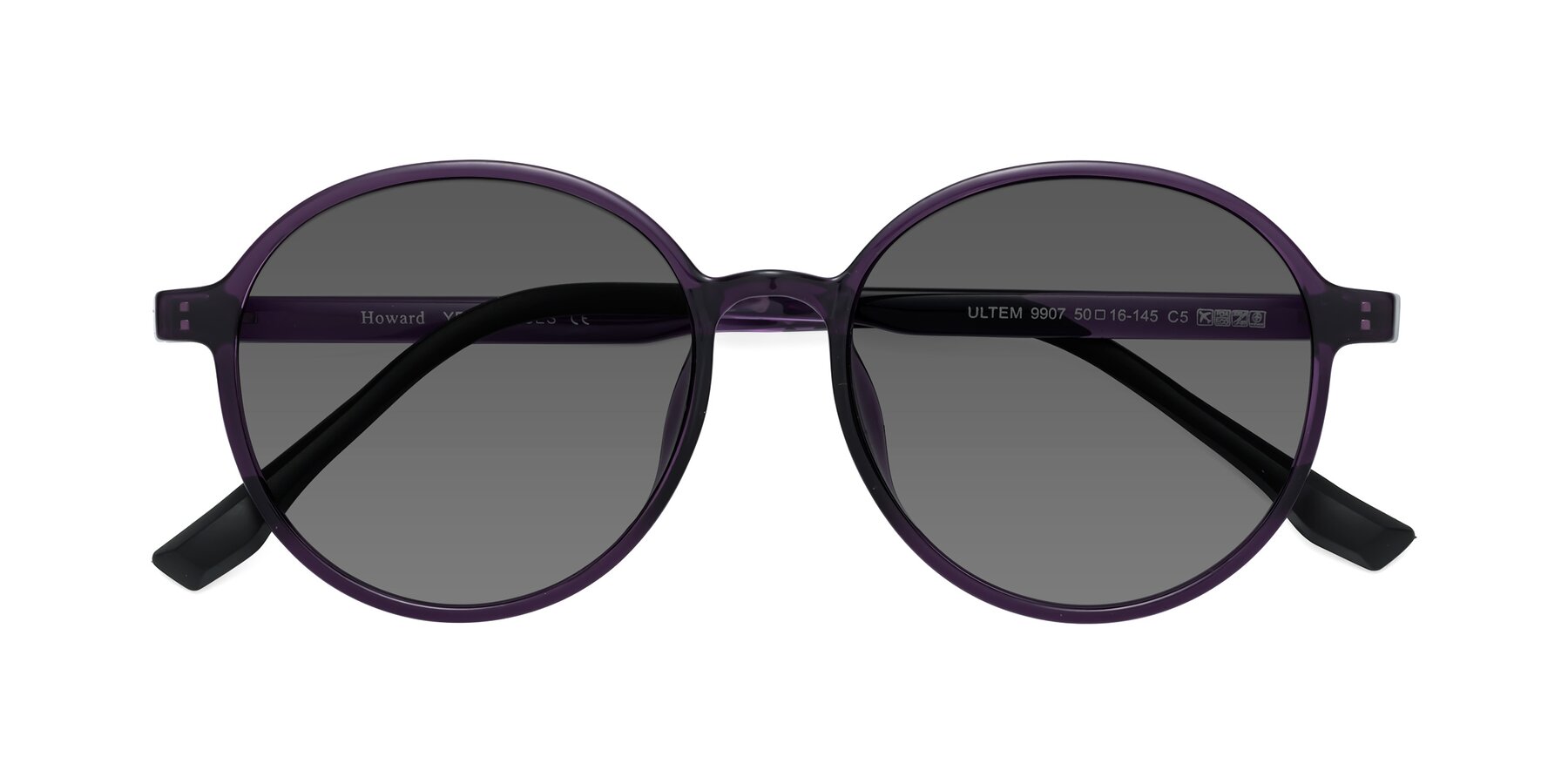 Folded Front of Howard in Purple with Medium Gray Tinted Lenses