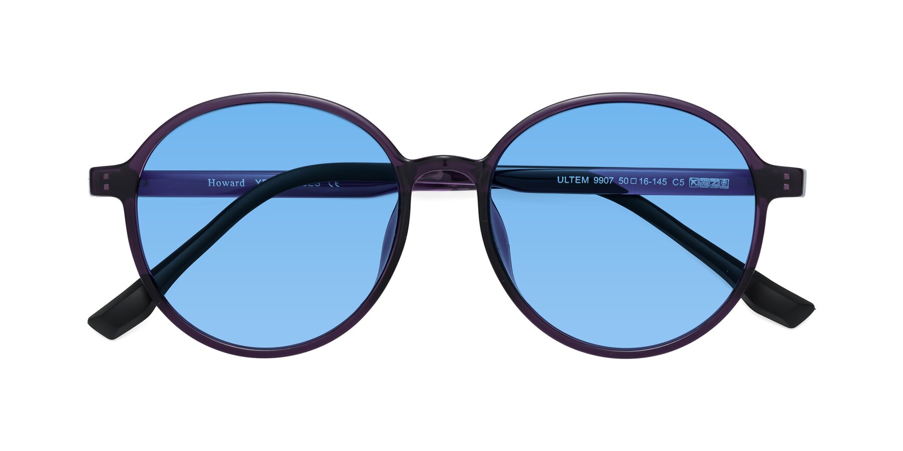 Folded Front of Howard in Purple with Medium Blue Tinted Lenses