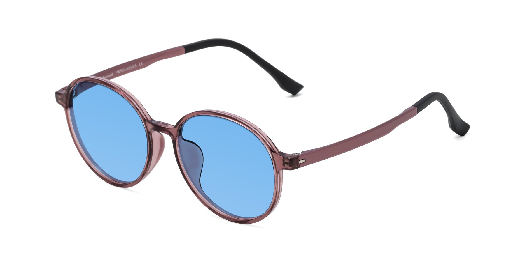 Angle of Howard in Burgundy with Medium Blue Tinted Lenses