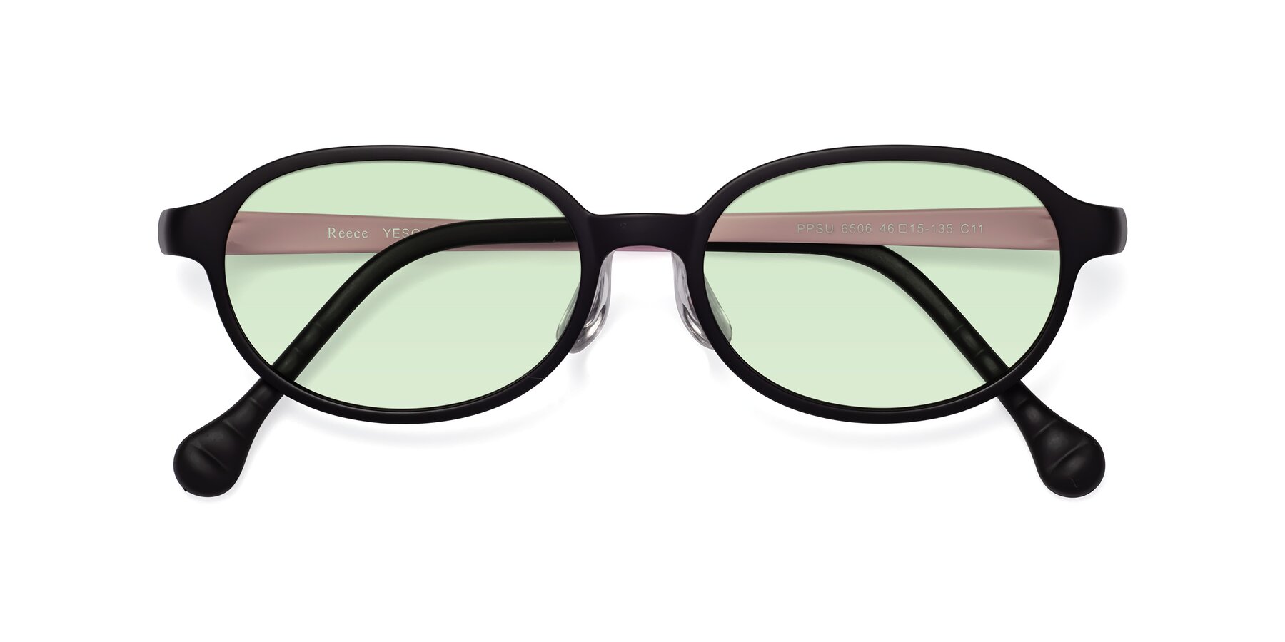 Folded Front of Reece in Black-Pink with Light Green Tinted Lenses