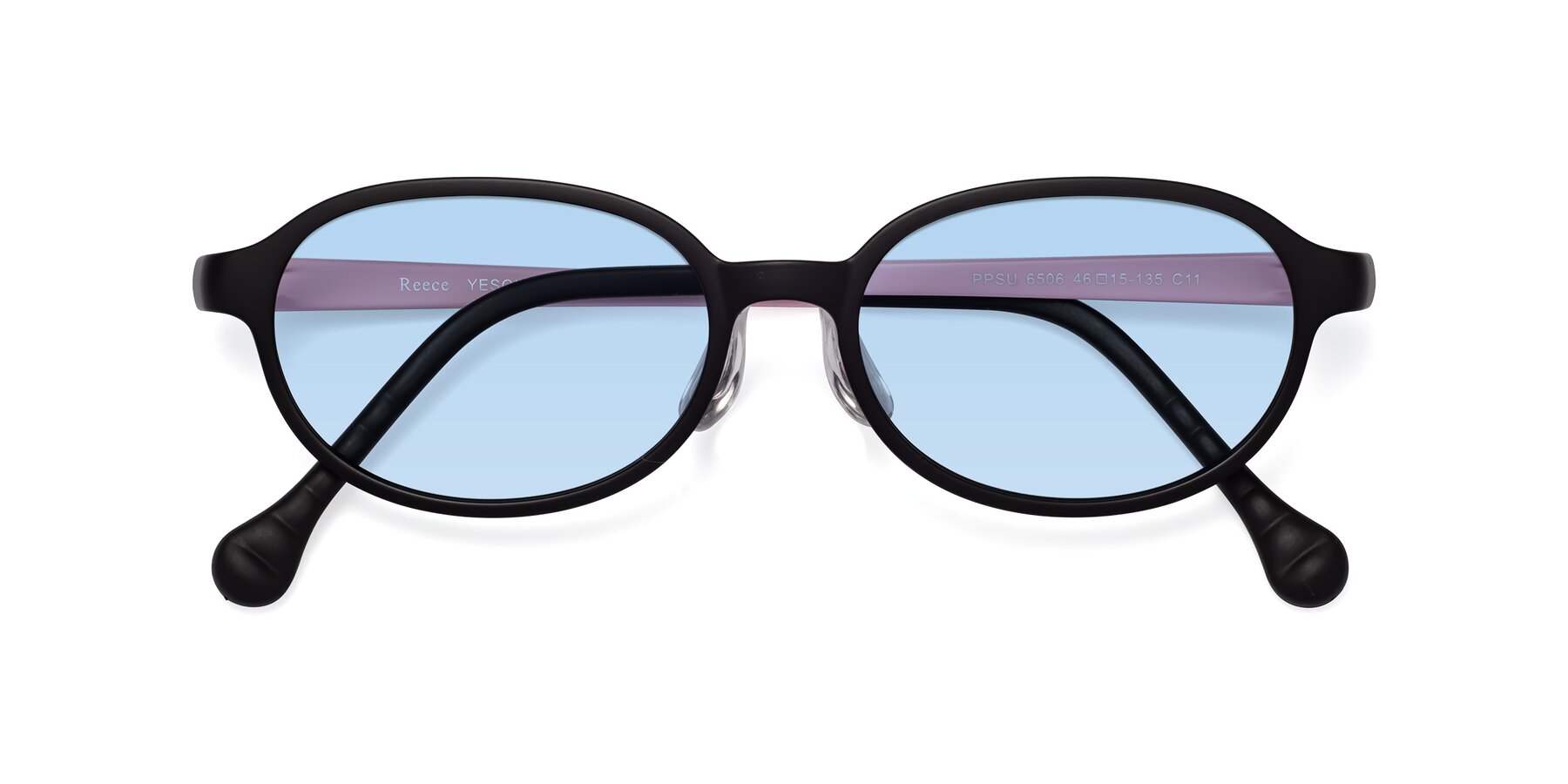 Folded Front of Reece in Black-Pink with Light Blue Tinted Lenses