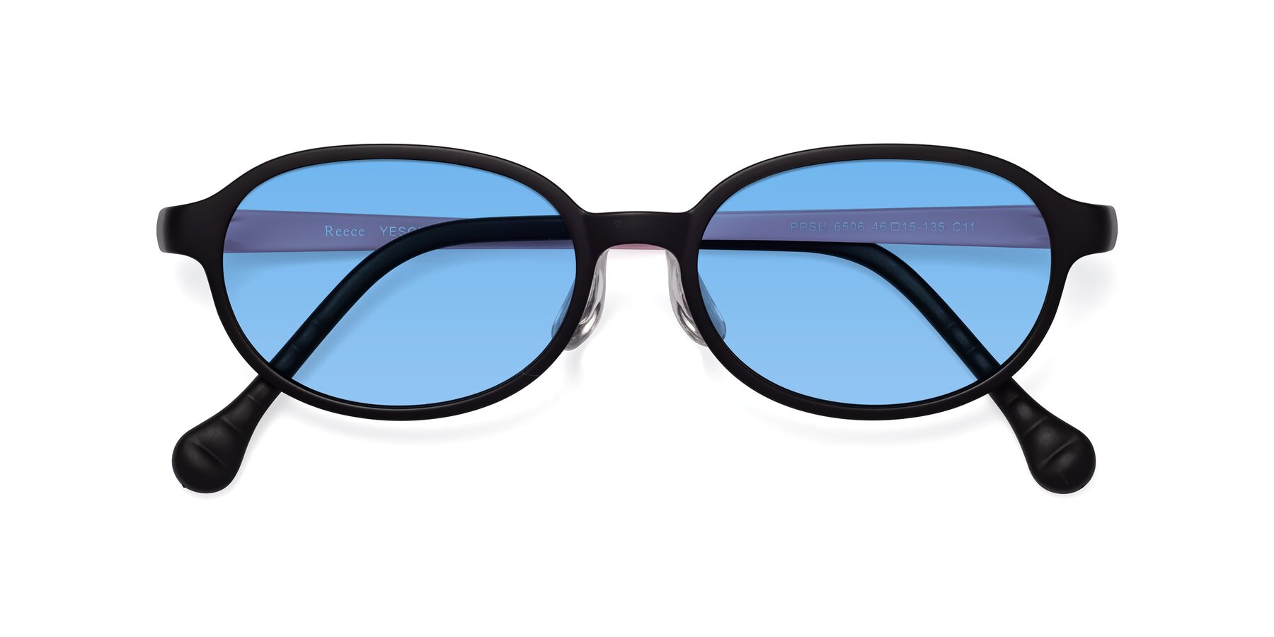 Folded Front of Reece in Black-Pink with Medium Blue Tinted Lenses