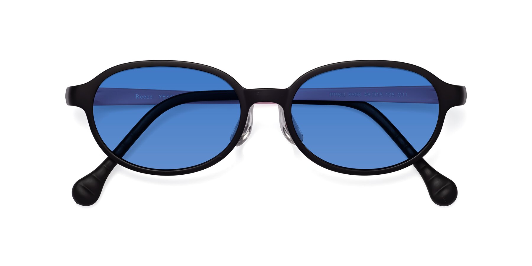 Folded Front of Reece in Black-Pink with Blue Tinted Lenses
