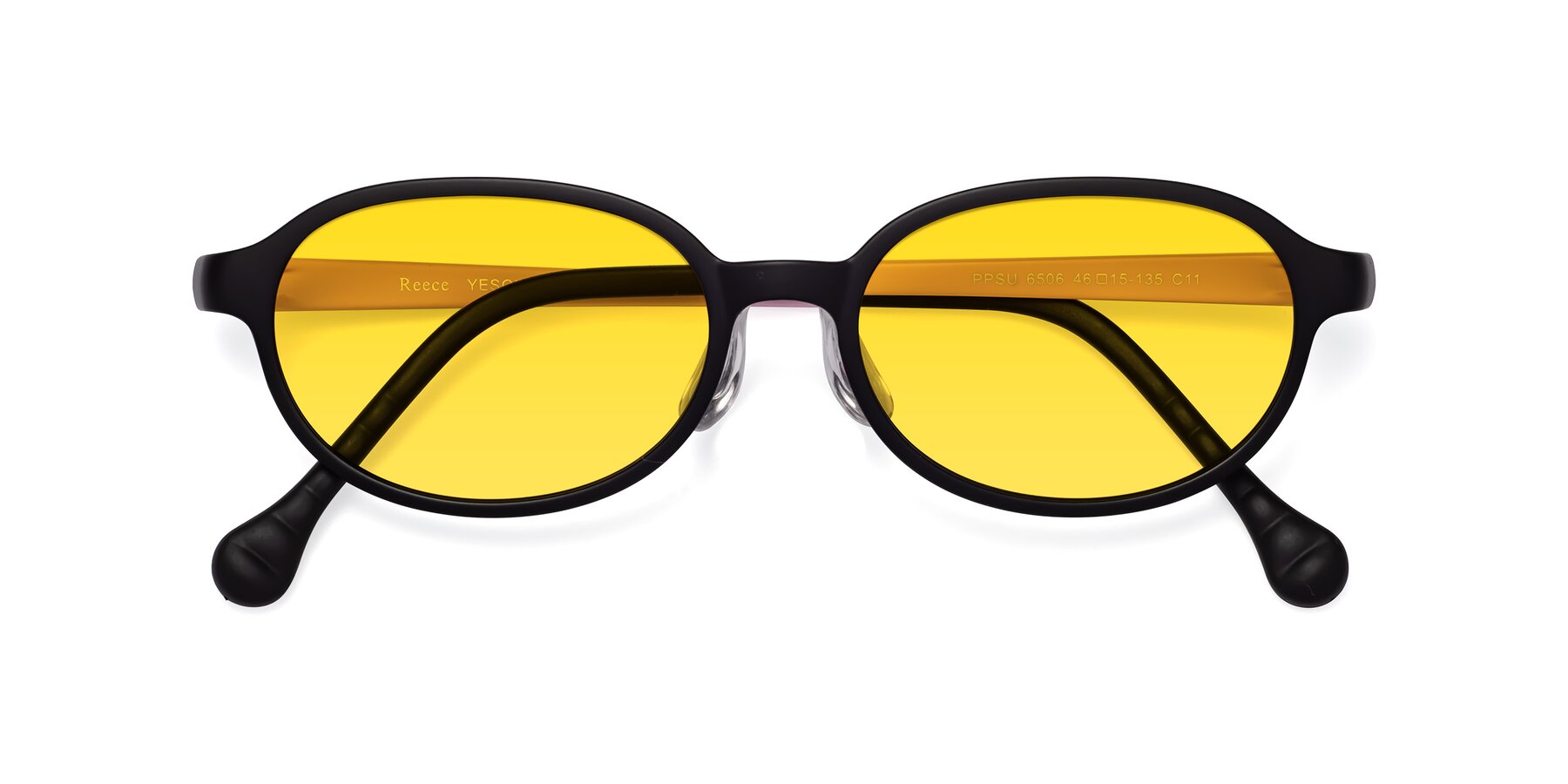 Folded Front of Reece in Black-Pink with Yellow Tinted Lenses