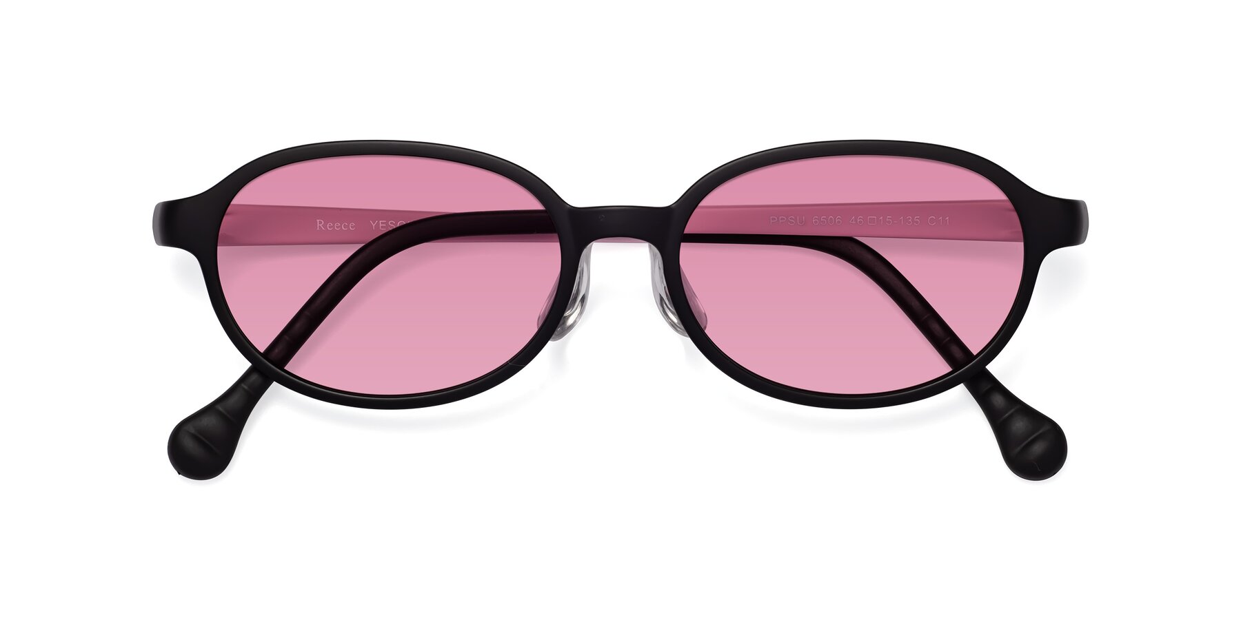 Folded Front of Reece in Black-Pink with Medium Wine Tinted Lenses