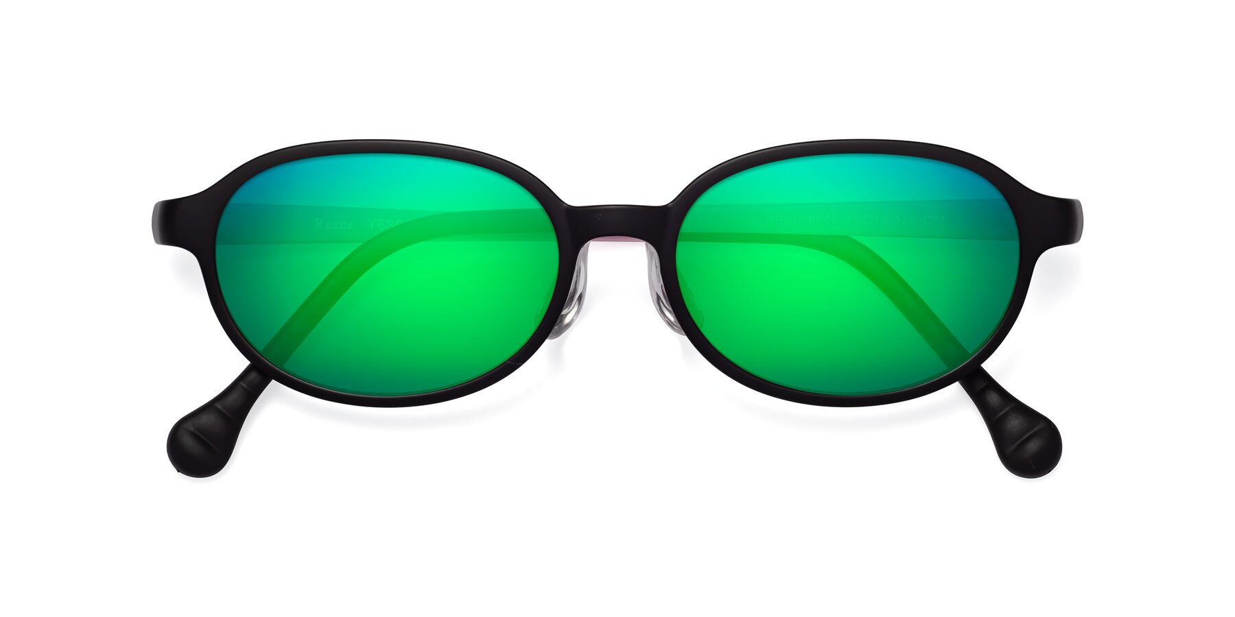 Folded Front of Reece in Black-Pink with Green Mirrored Lenses
