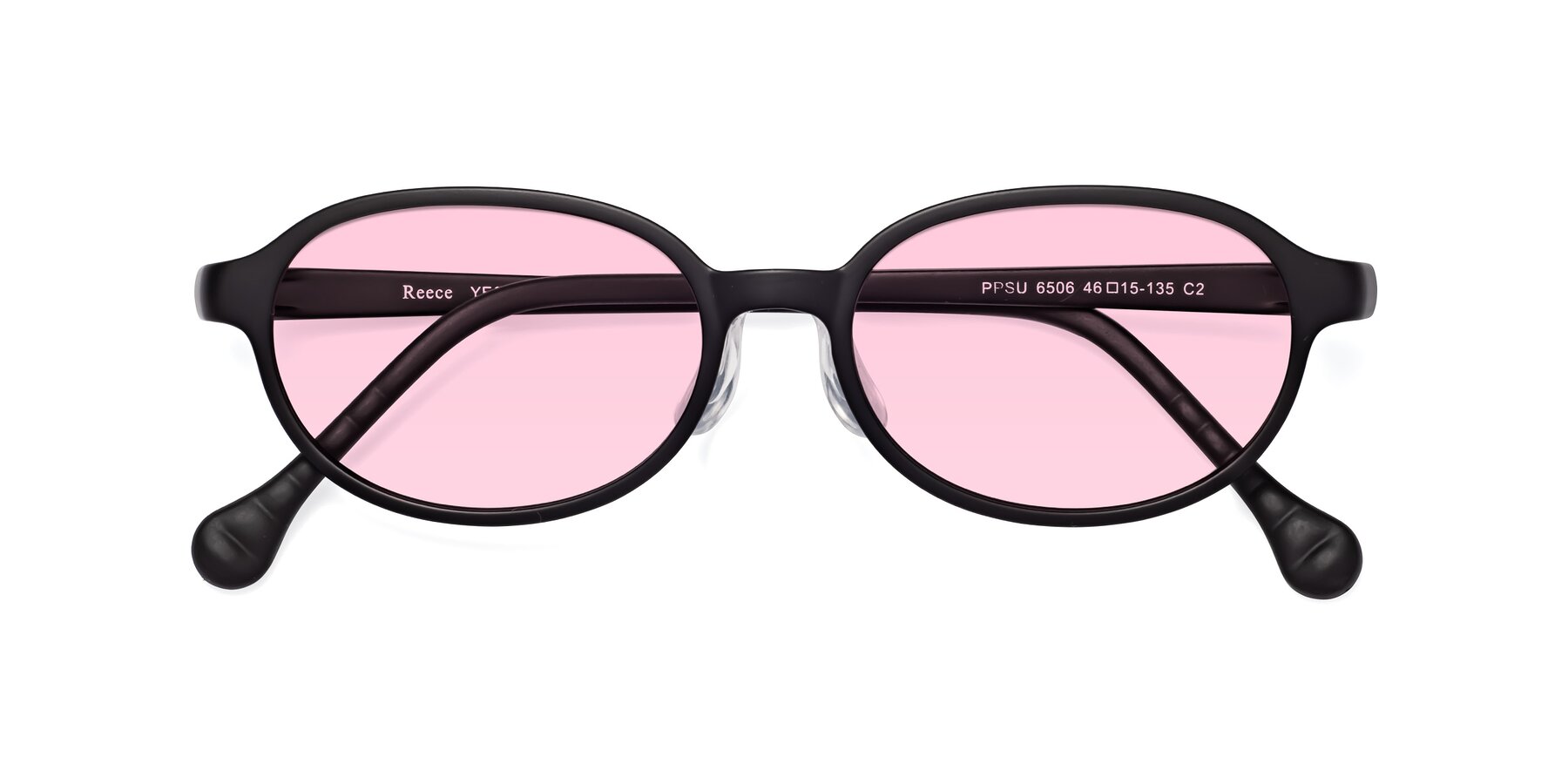 Folded Front of Reece in Matte Black with Light Pink Tinted Lenses