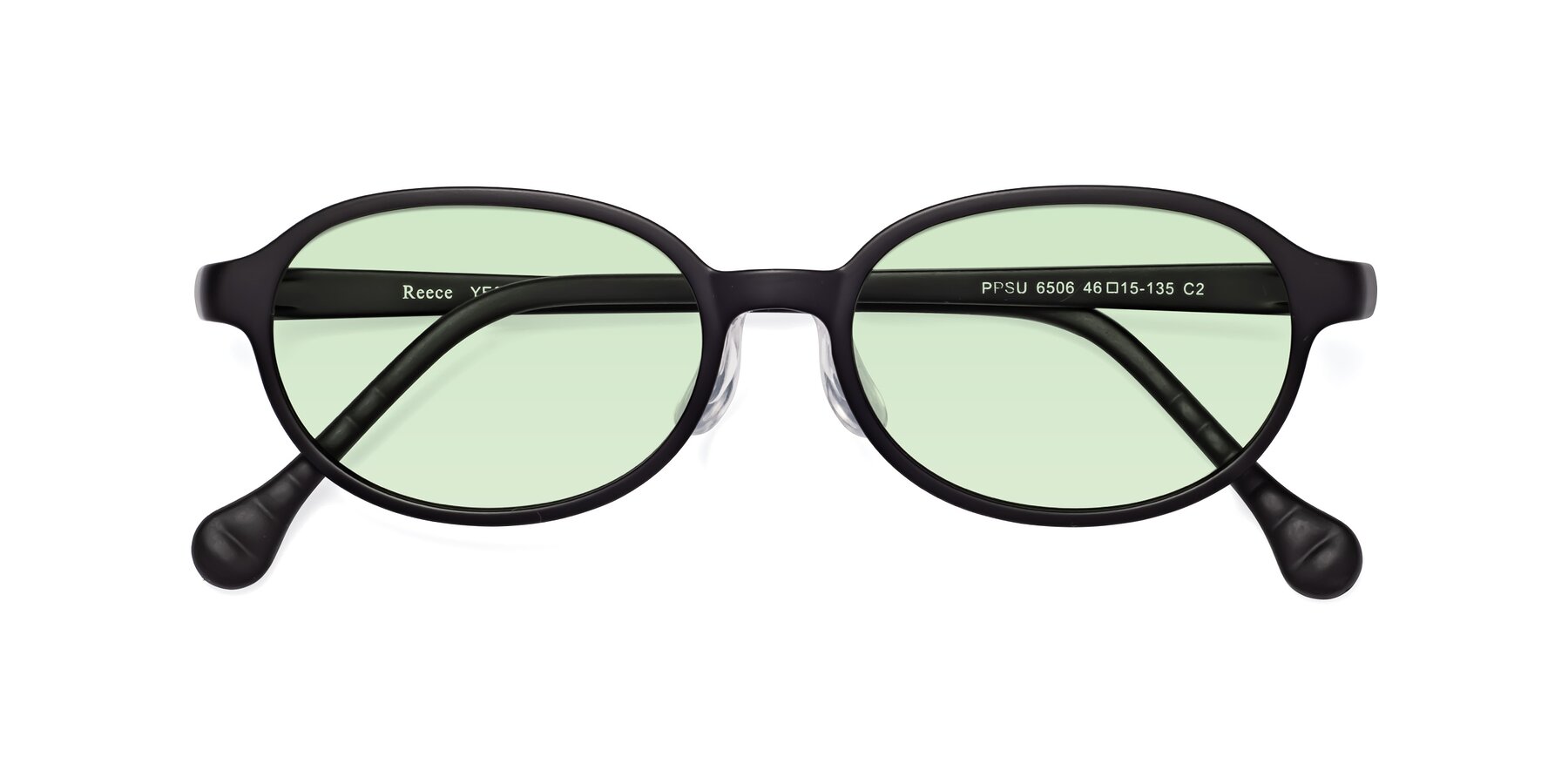 Folded Front of Reece in Matte Black with Light Green Tinted Lenses