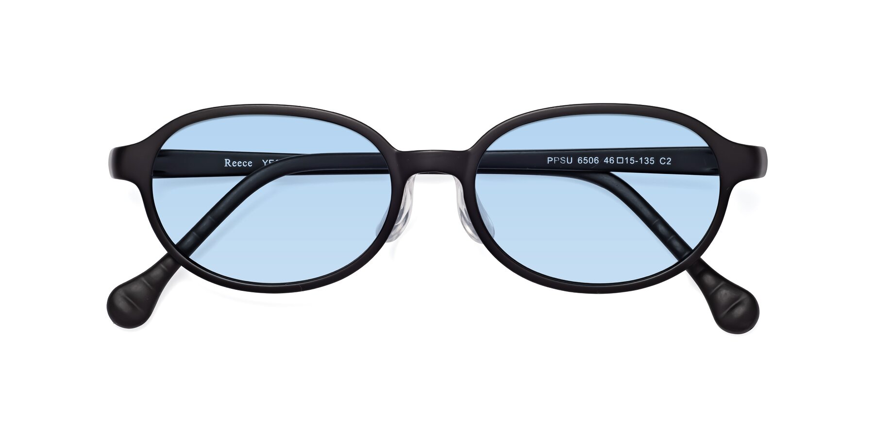 Folded Front of Reece in Matte Black with Light Blue Tinted Lenses