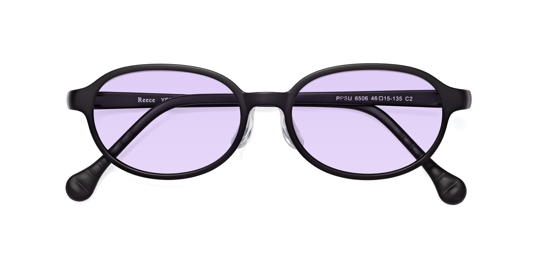 Folded Front of Reece in Matte Black with Light Purple Tinted Lenses