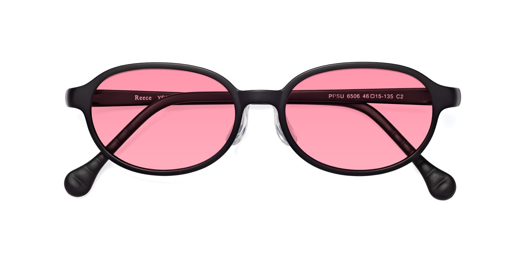 Folded Front of Reece in Matte Black with Pink Tinted Lenses