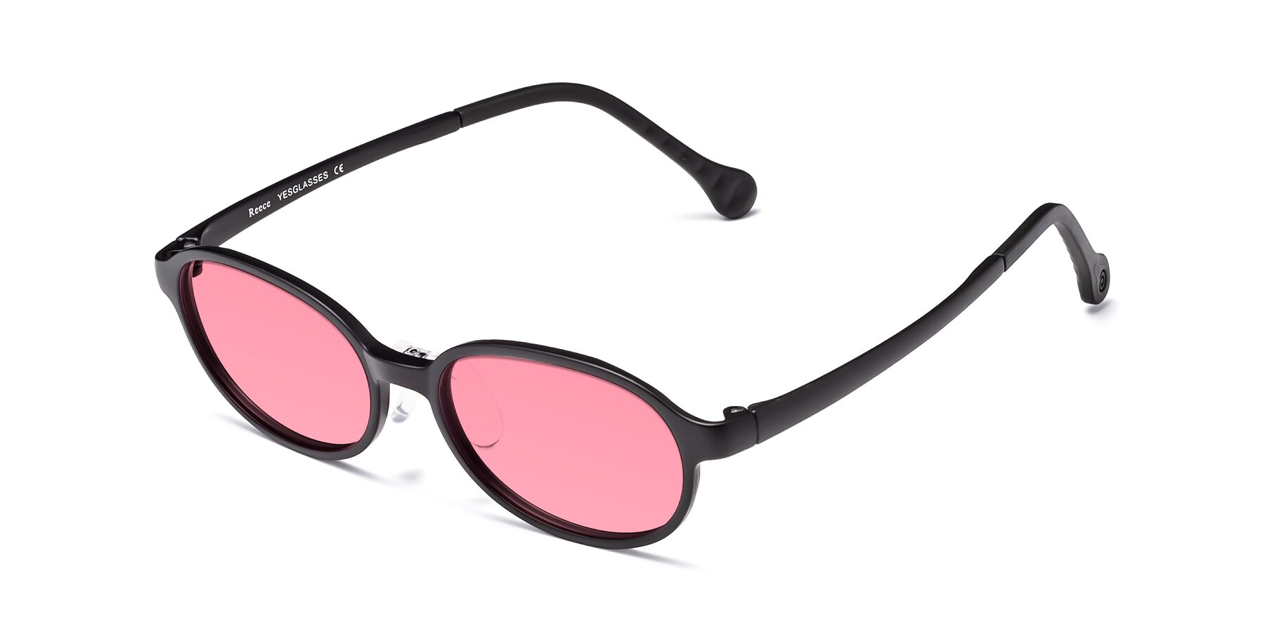 Angle of Reece in Matte Black with Pink Tinted Lenses