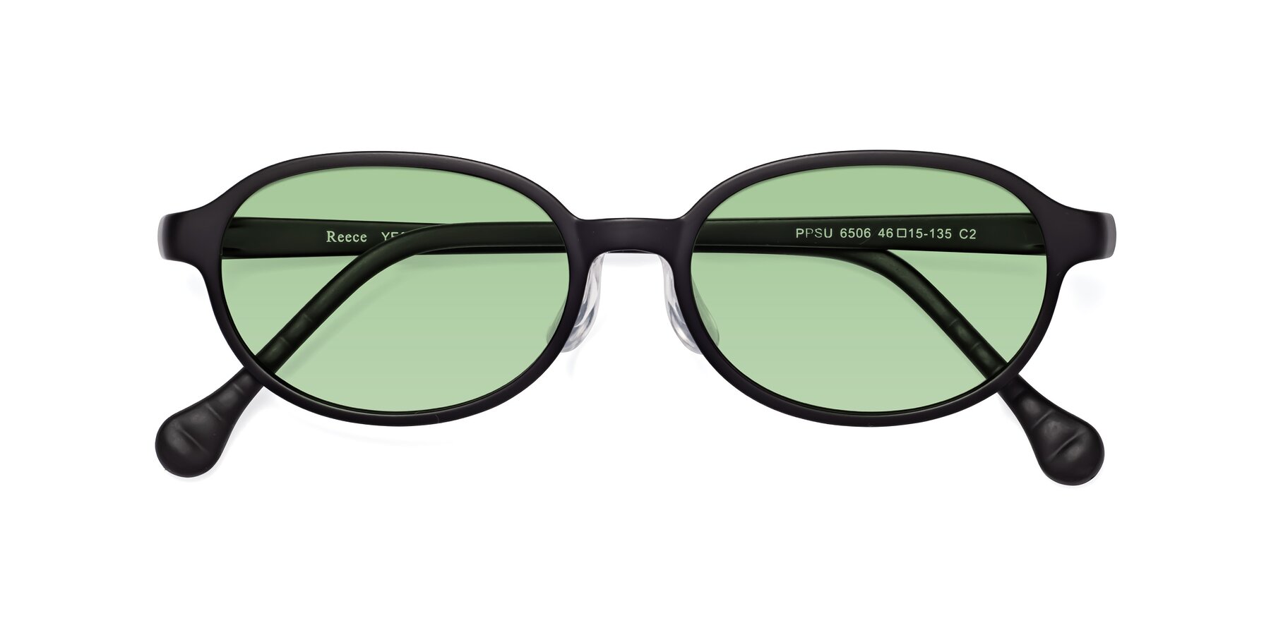 Folded Front of Reece in Matte Black with Medium Green Tinted Lenses