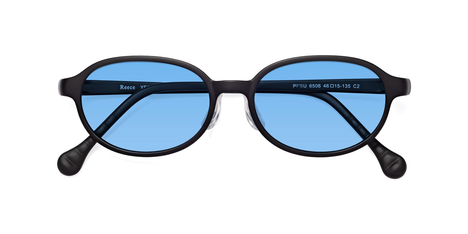 Folded Front of Reece in Matte Black with Medium Blue Tinted Lenses