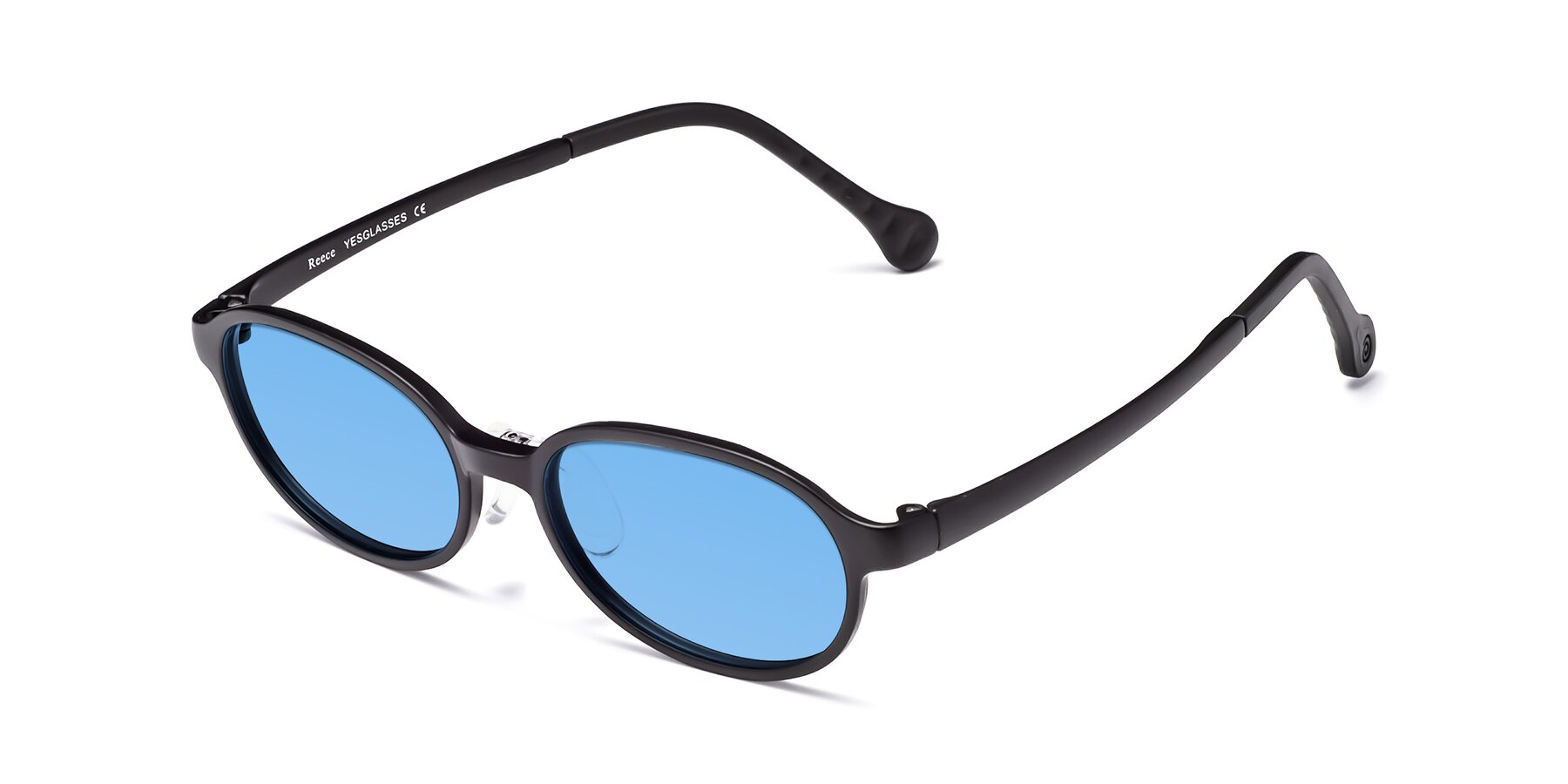 Angle of Reece in Matte Black with Medium Blue Tinted Lenses