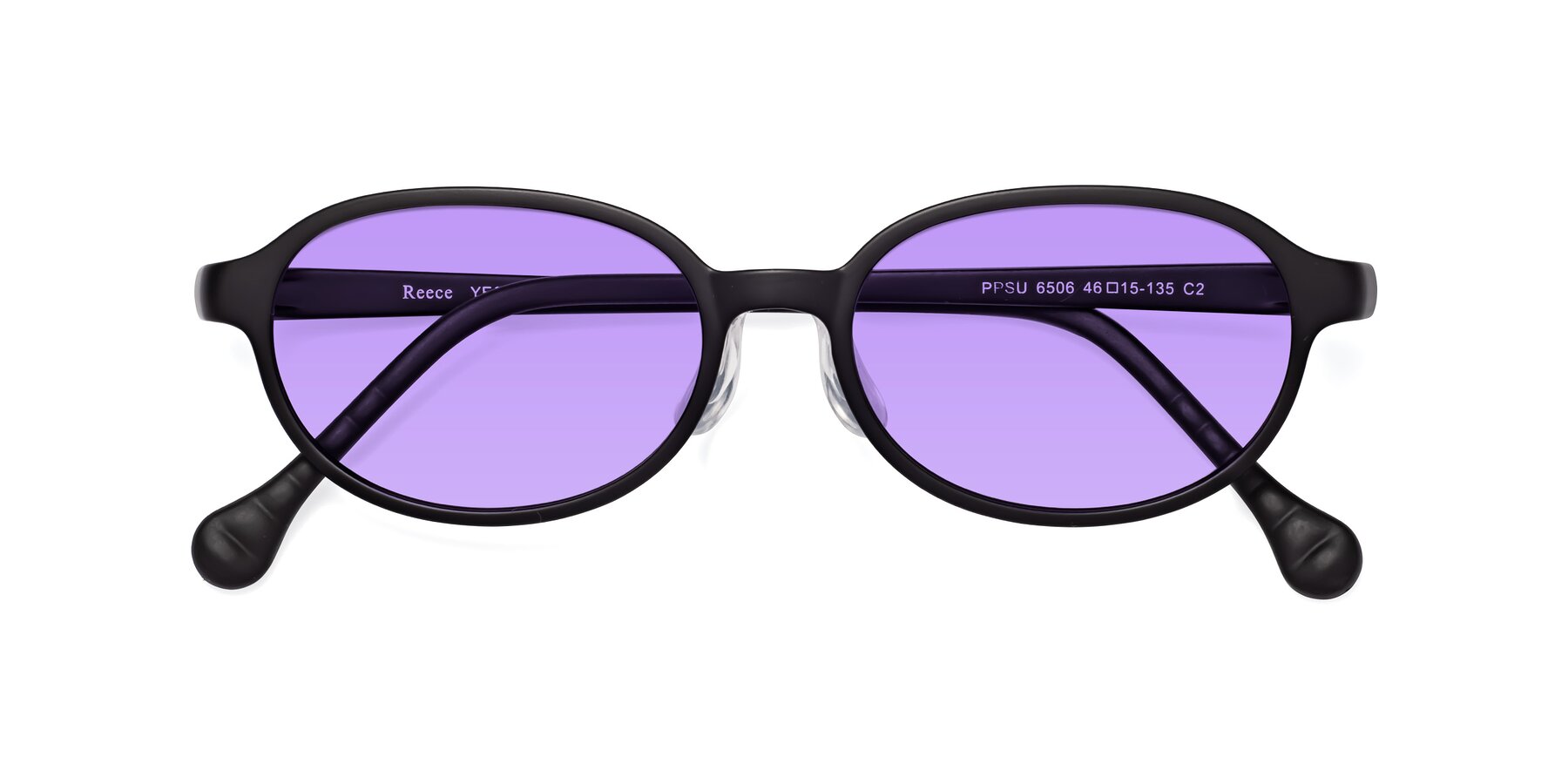 Folded Front of Reece in Matte Black with Medium Purple Tinted Lenses