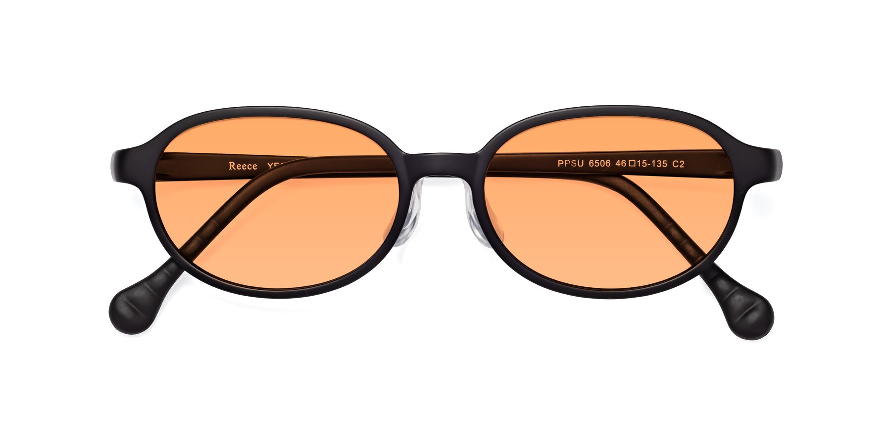 Folded Front of Reece in Matte Black with Medium Orange Tinted Lenses