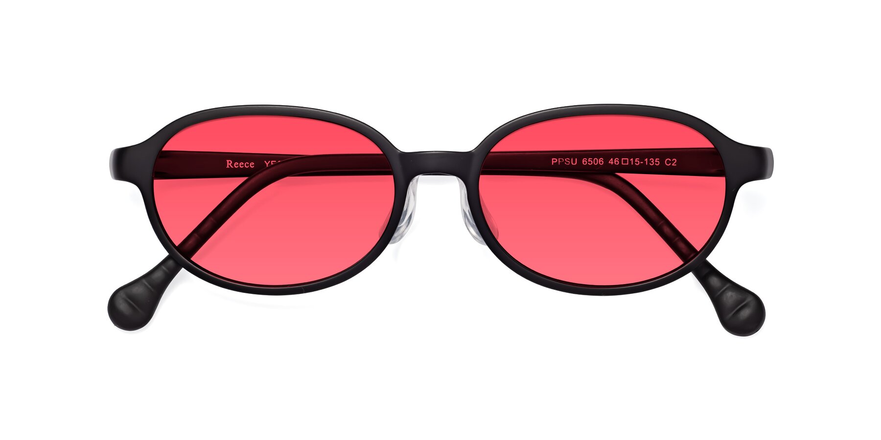 Folded Front of Reece in Matte Black with Red Tinted Lenses