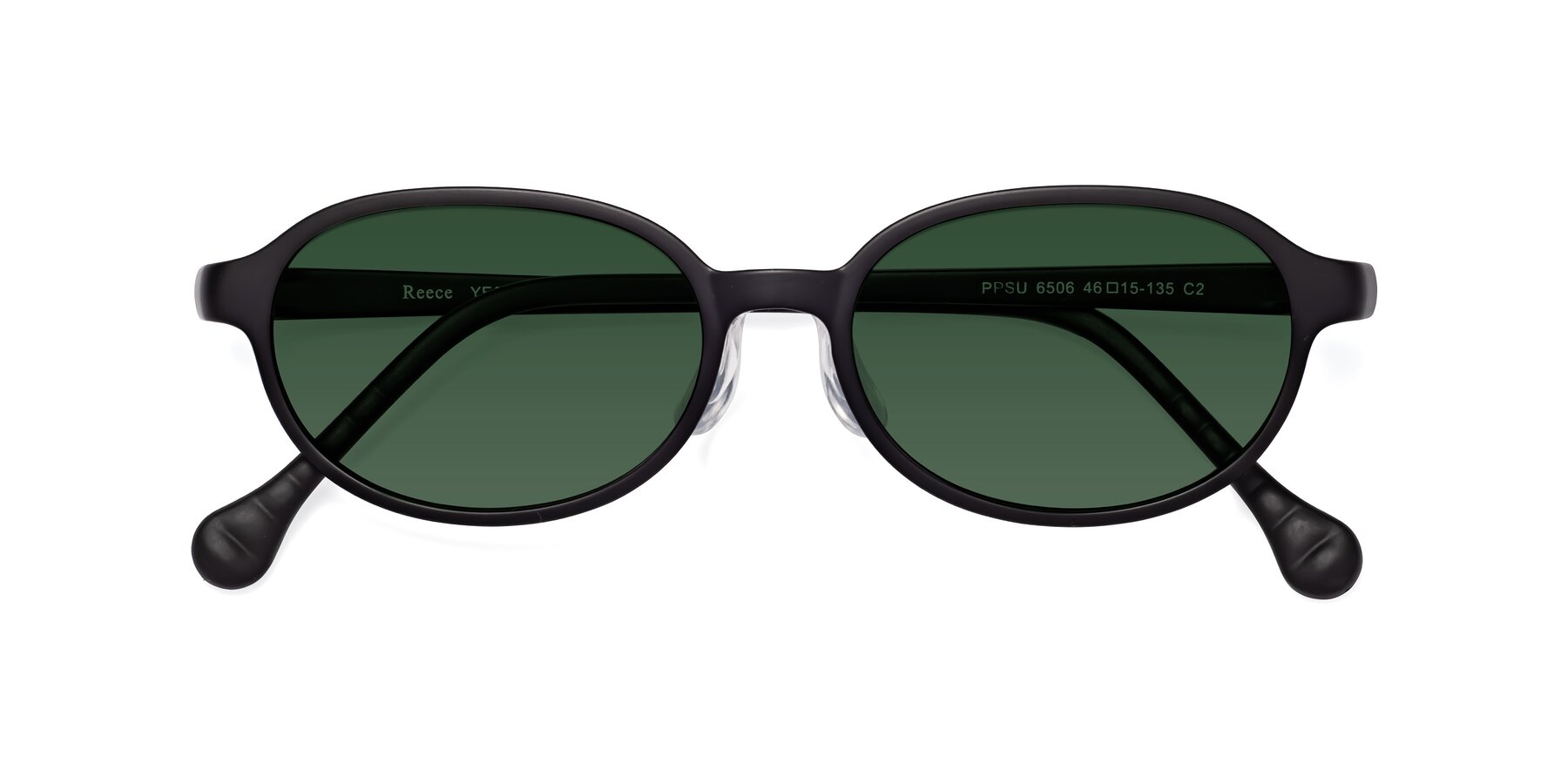 Folded Front of Reece in Matte Black with Green Tinted Lenses