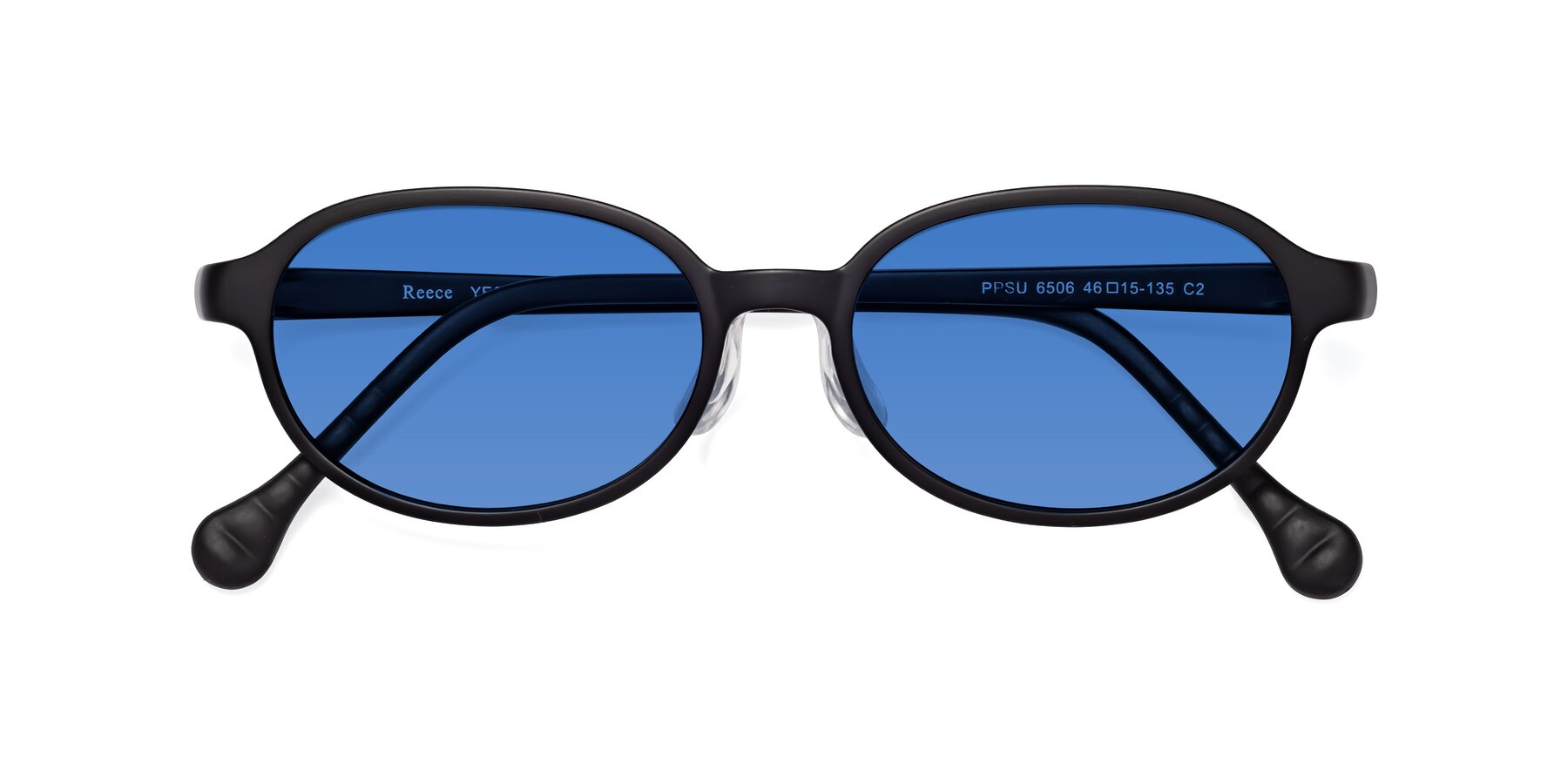 Folded Front of Reece in Matte Black with Blue Tinted Lenses