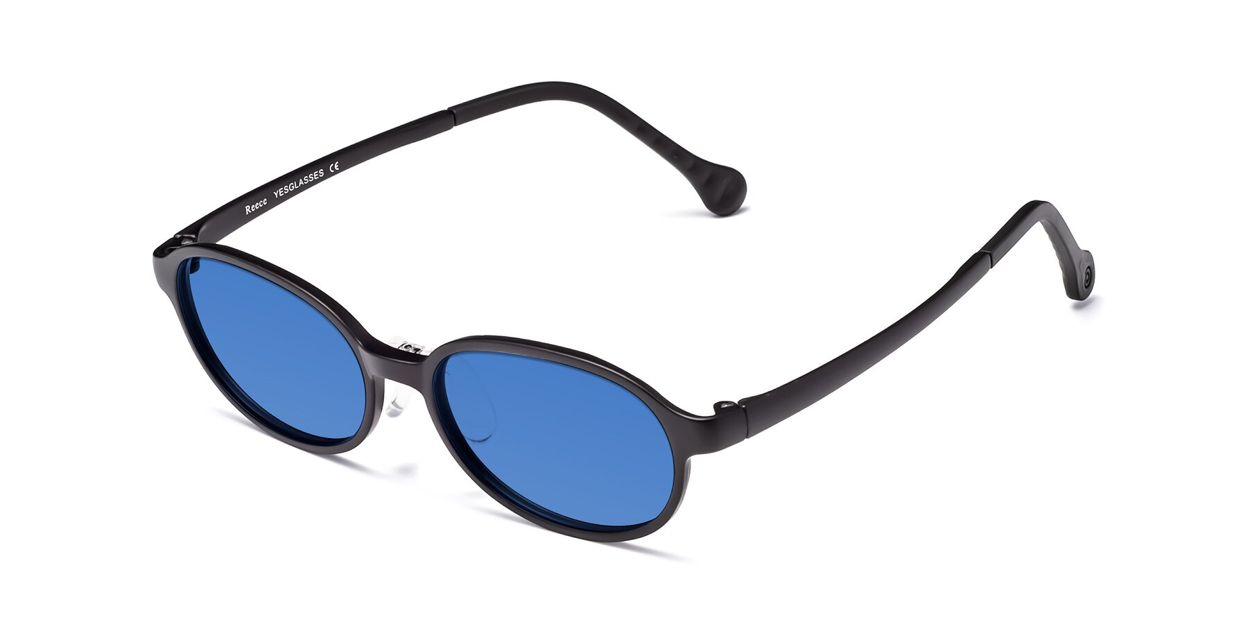 Angle of Reece in Matte Black with Blue Tinted Lenses