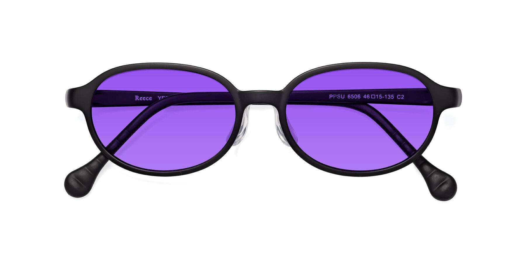 Folded Front of Reece in Matte Black with Purple Tinted Lenses