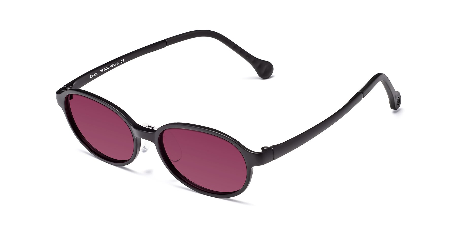 Angle of Reece in Matte Black with Wine Tinted Lenses