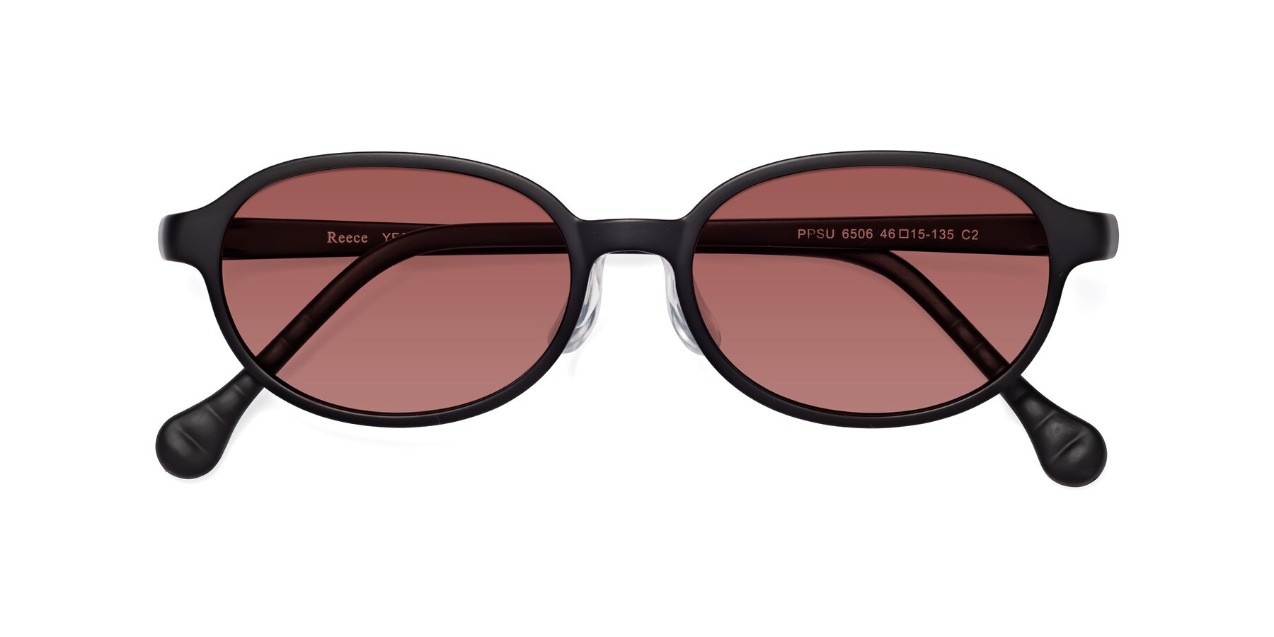 Folded Front of Reece in Matte Black with Garnet Tinted Lenses