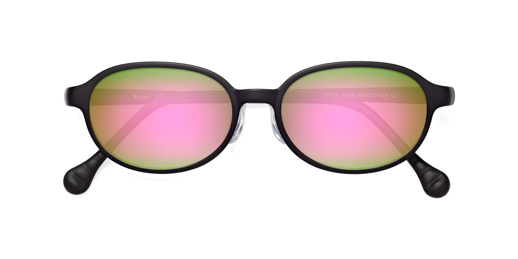 Folded Front of Reece in Matte Black with Pink Mirrored Lenses
