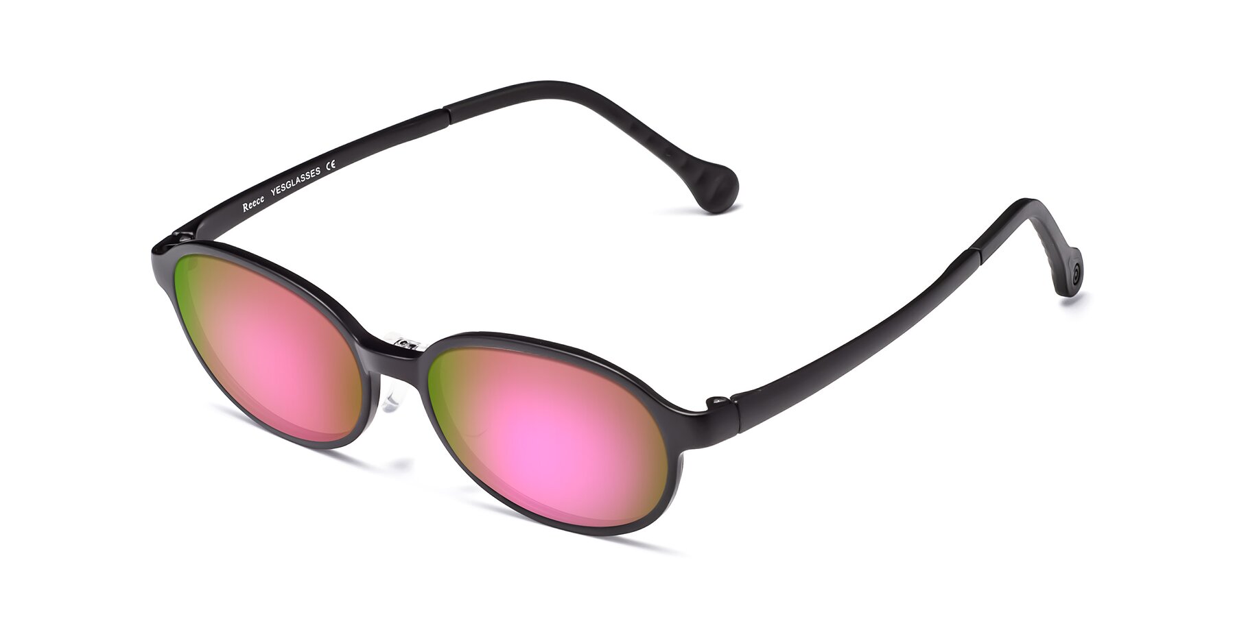 Angle of Reece in Matte Black with Pink Mirrored Lenses