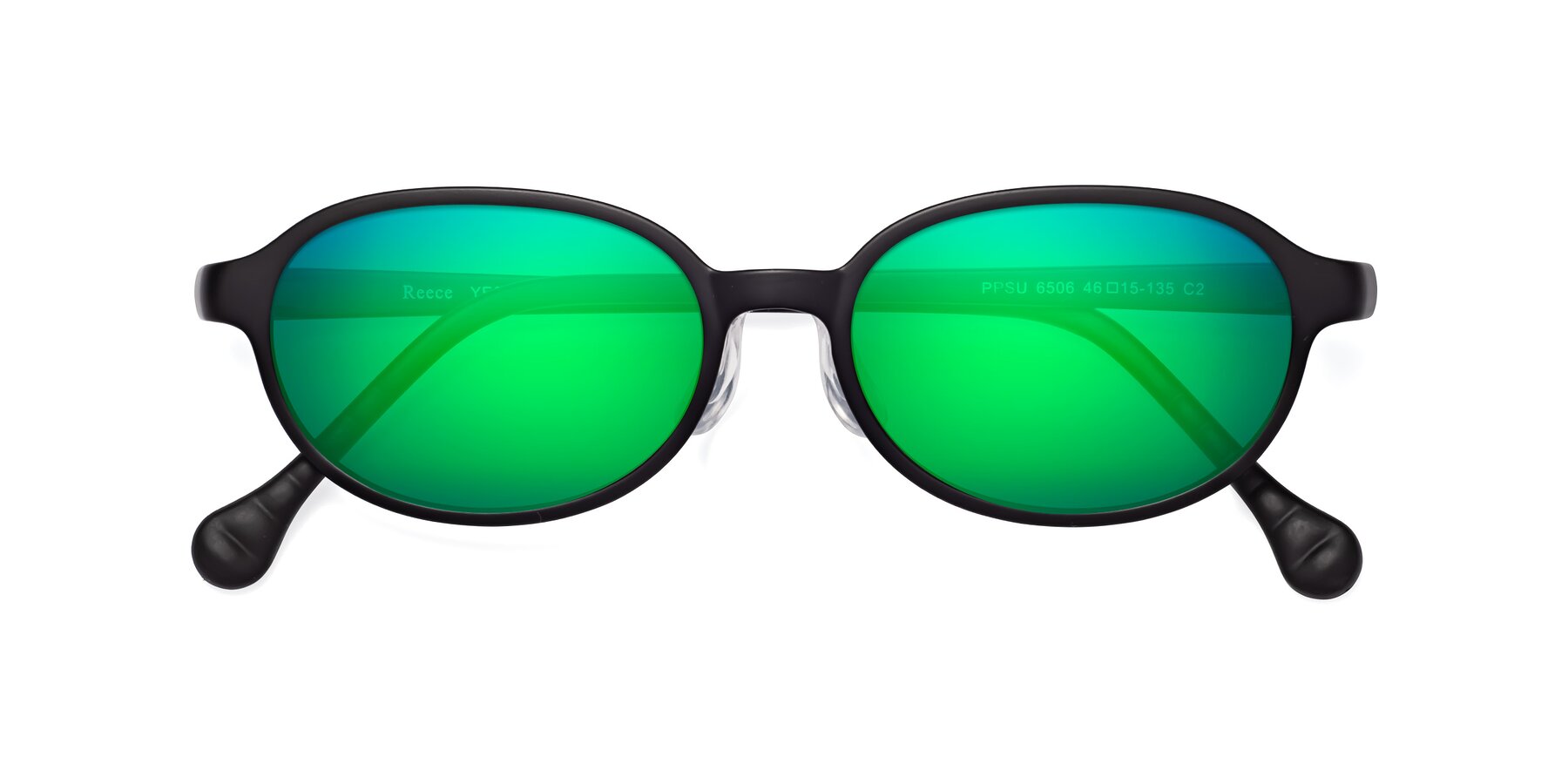 Folded Front of Reece in Matte Black with Green Mirrored Lenses