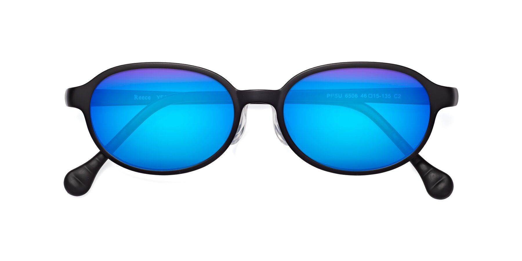 Folded Front of Reece in Matte Black with Blue Mirrored Lenses