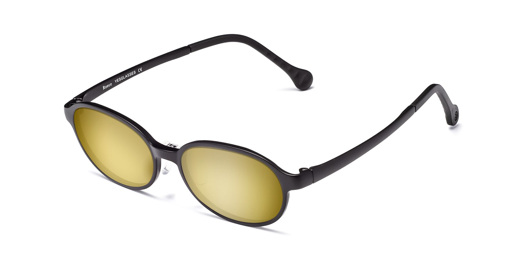 Angle of Reece in Matte Black with Gold Mirrored Lenses