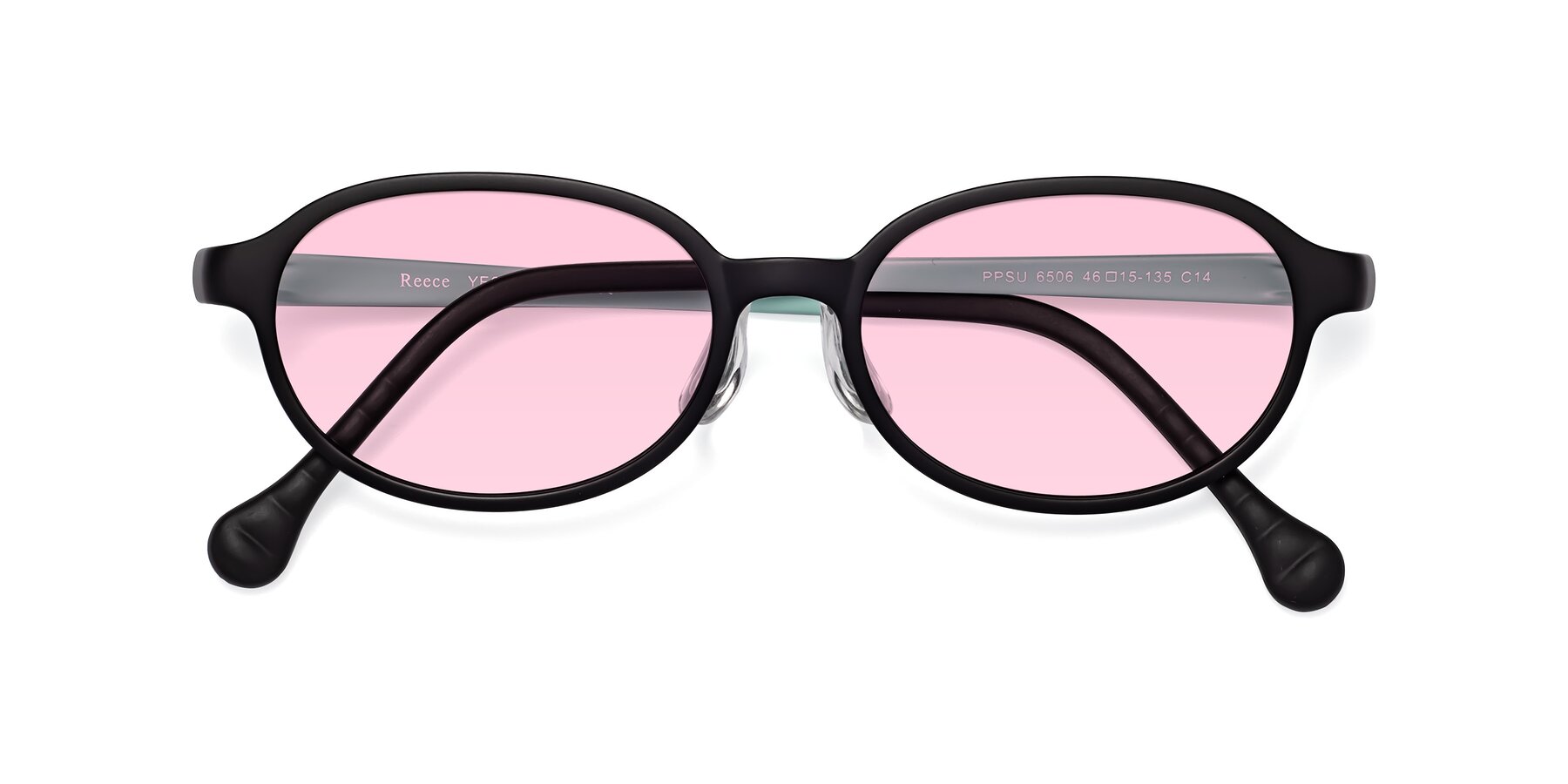 Folded Front of Reece in Black-Teal with Light Pink Tinted Lenses