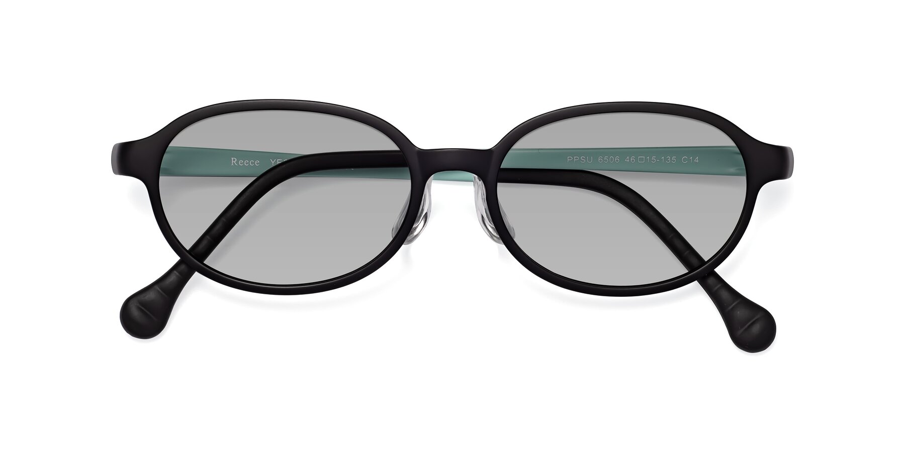 Folded Front of Reece in Black-Teal with Light Gray Tinted Lenses