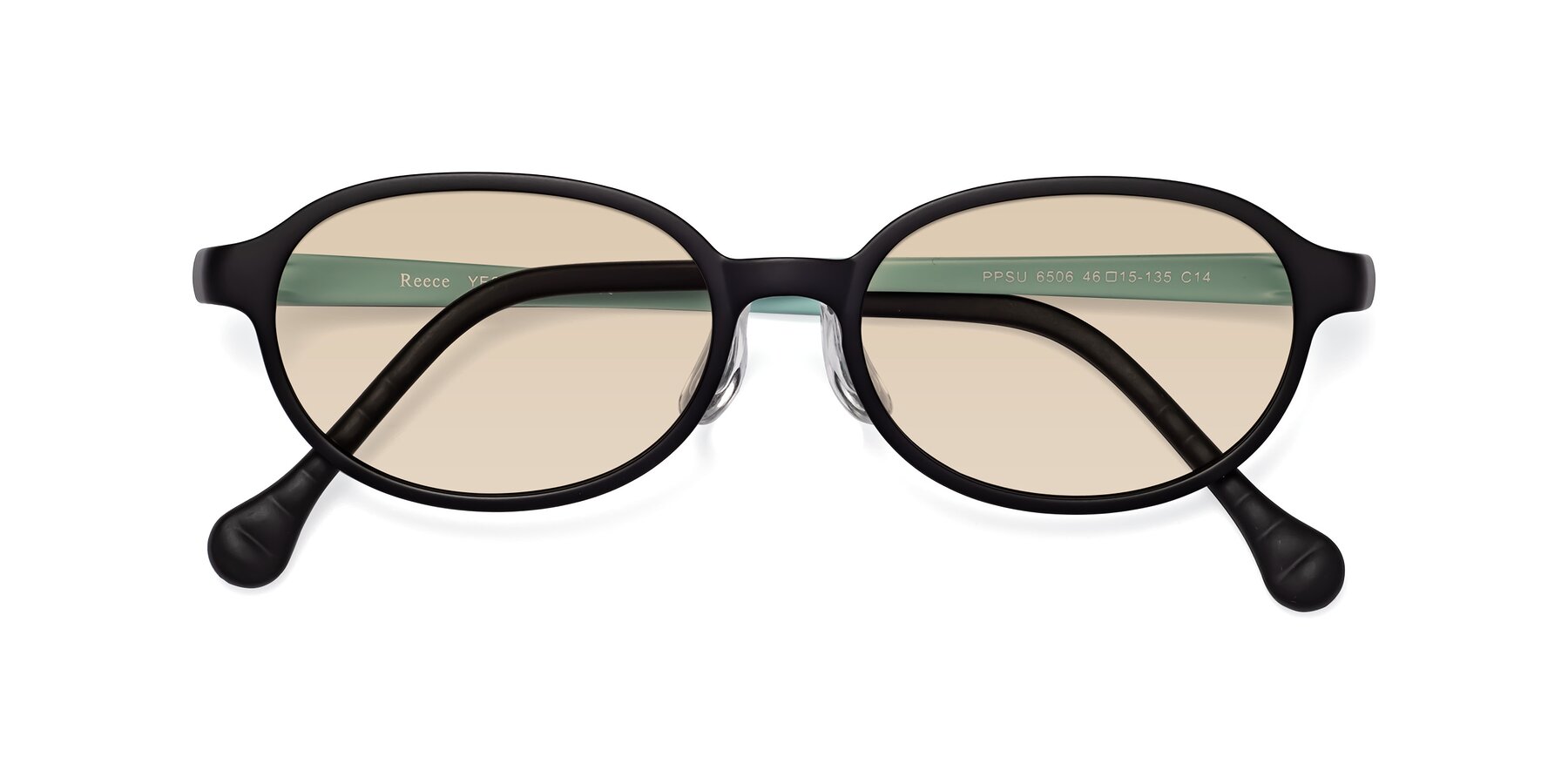 Folded Front of Reece in Black-Teal with Light Brown Tinted Lenses