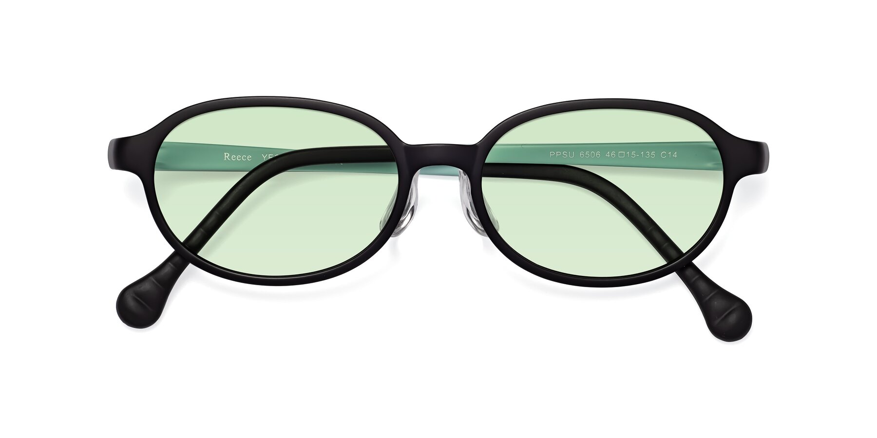 Folded Front of Reece in Black-Teal with Light Green Tinted Lenses