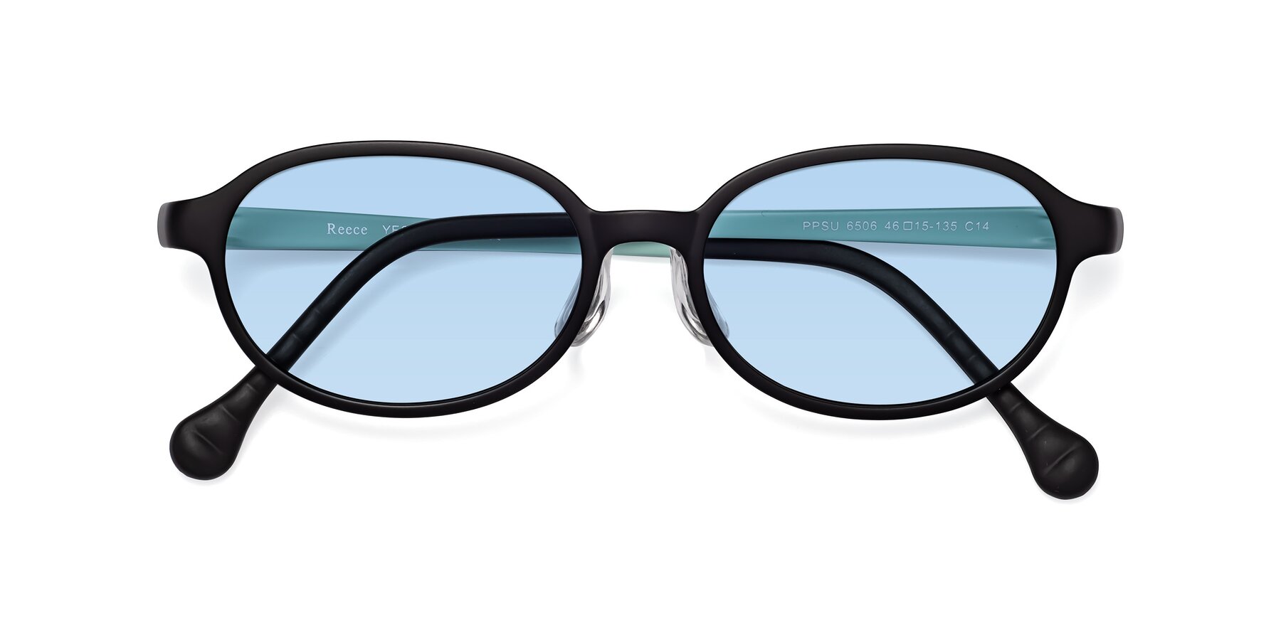 Folded Front of Reece in Black-Teal with Light Blue Tinted Lenses