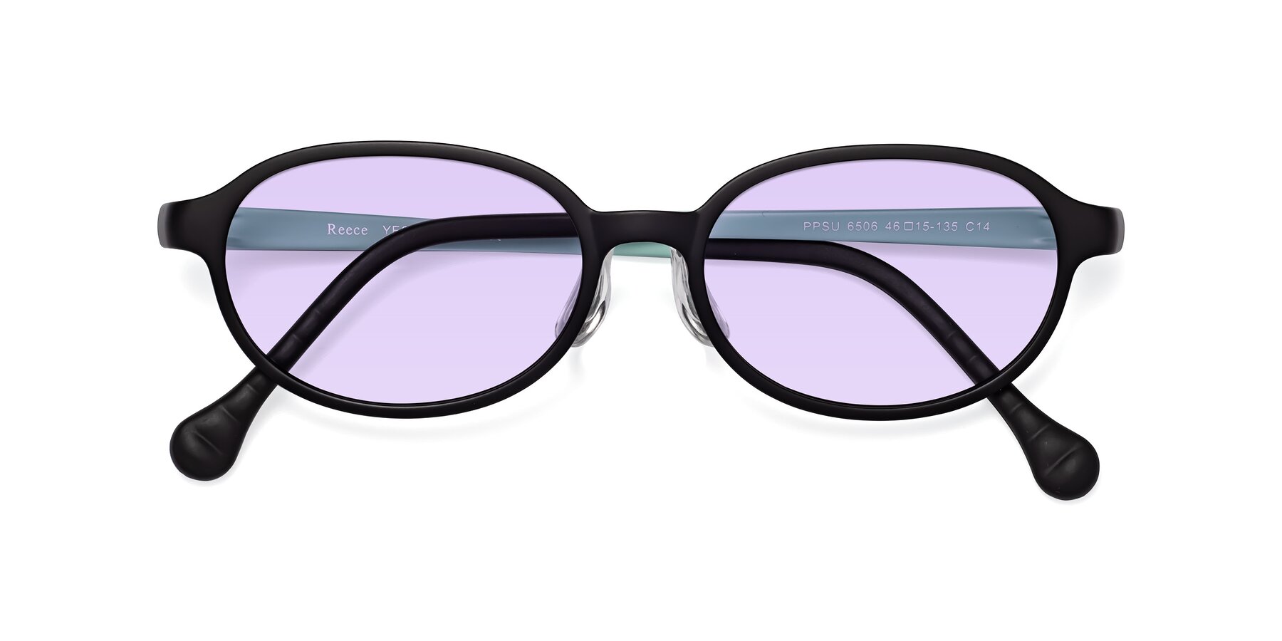 Folded Front of Reece in Black-Teal with Light Purple Tinted Lenses