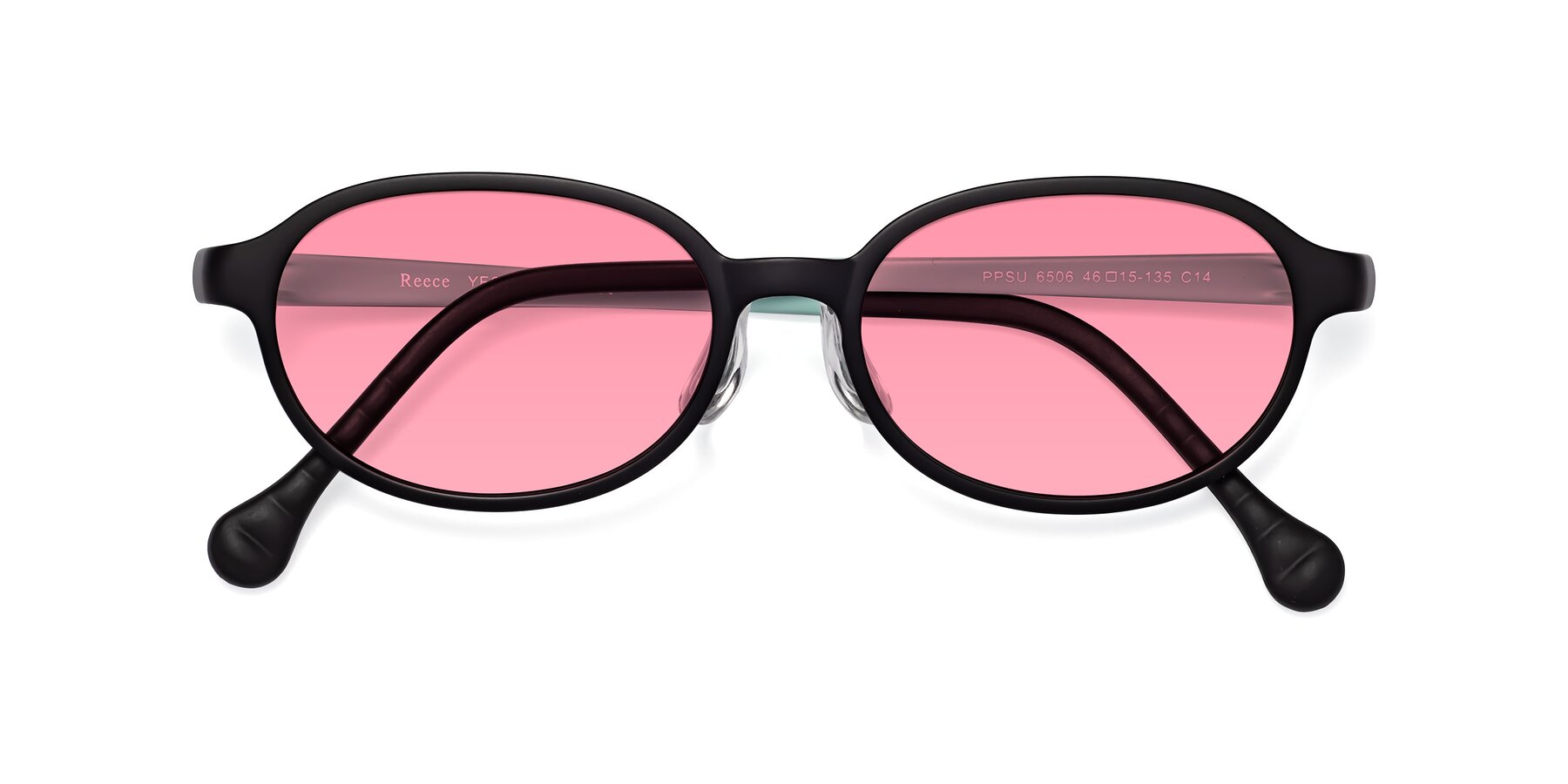 Folded Front of Reece in Black-Teal with Pink Tinted Lenses