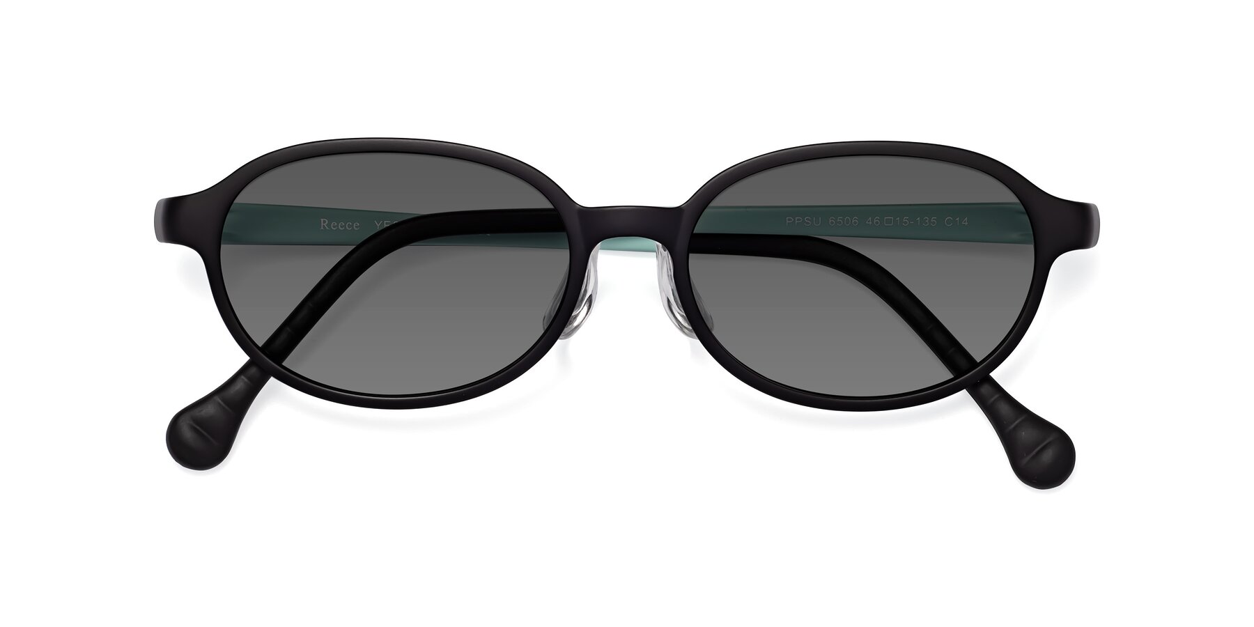 Folded Front of Reece in Black-Teal with Medium Gray Tinted Lenses