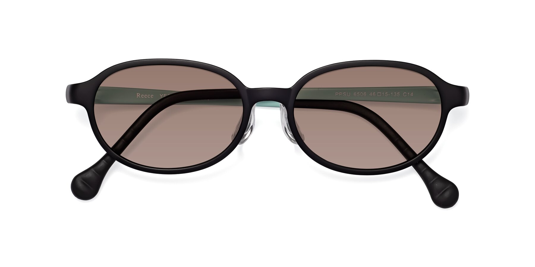 Folded Front of Reece in Black-Teal with Medium Brown Tinted Lenses