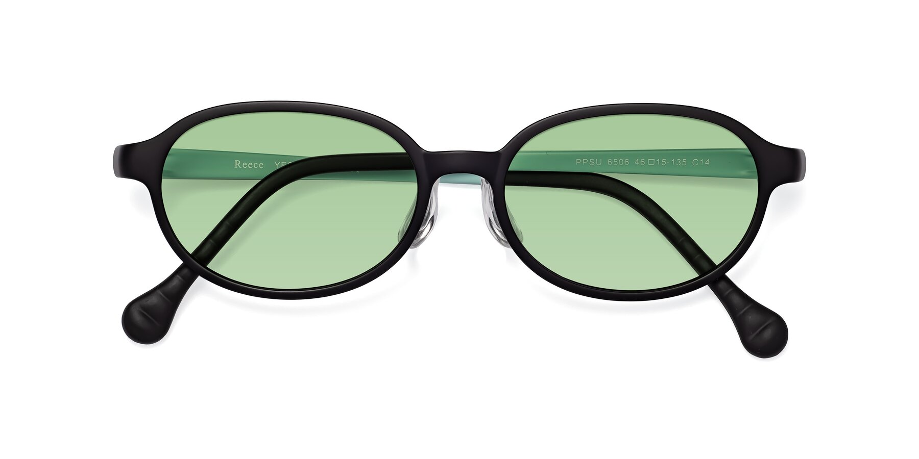 Folded Front of Reece in Black-Teal with Medium Green Tinted Lenses