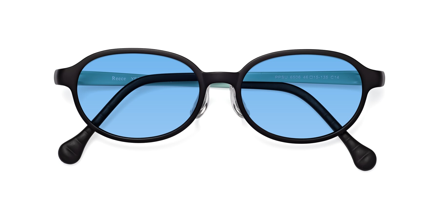 Folded Front of Reece in Black-Teal with Medium Blue Tinted Lenses