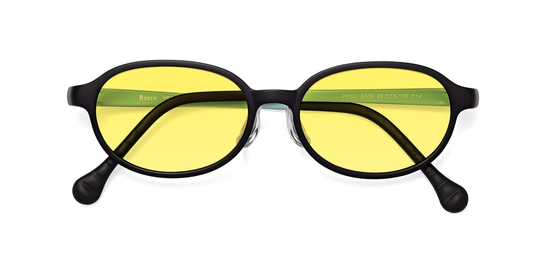 Folded Front of Reece in Black-Teal with Medium Yellow Tinted Lenses