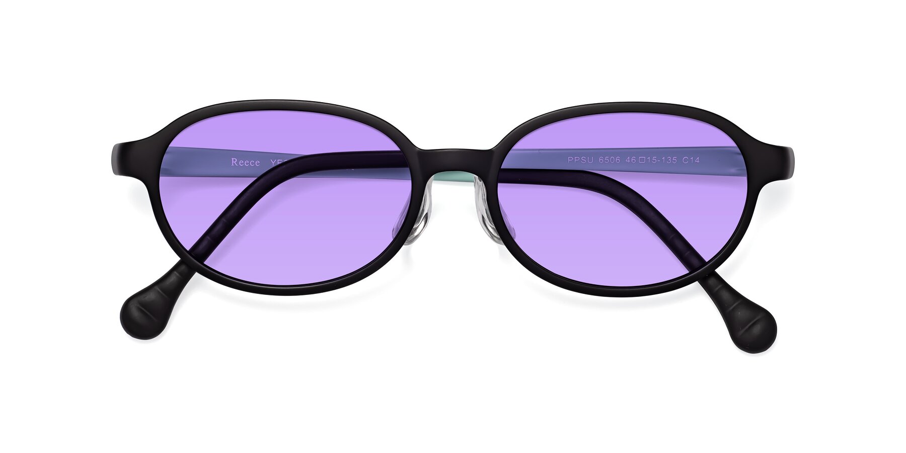 Folded Front of Reece in Black-Teal with Medium Purple Tinted Lenses