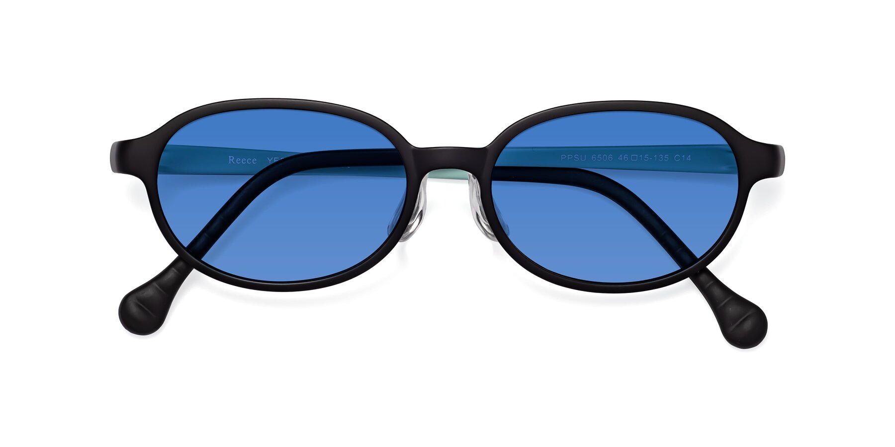 Folded Front of Reece in Black-Teal with Blue Tinted Lenses