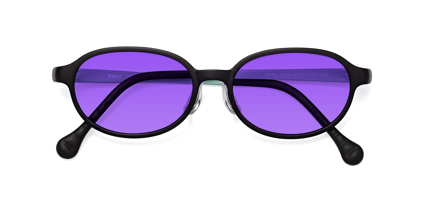 Folded Front of Reece in Black-Teal with Purple Tinted Lenses